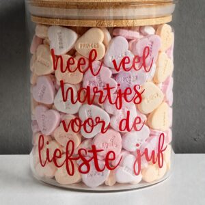 Heel veel hartjes voor de liefste juf- gevulde snoeppot 800 ml